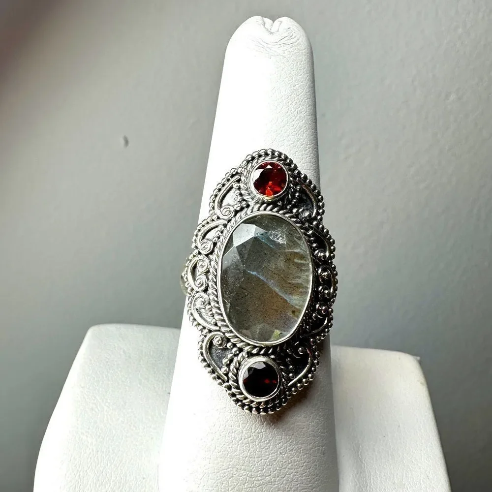 NWT Faceted Labradorite and‎ Rhodalite Garnet Bali Sterling silver ring!